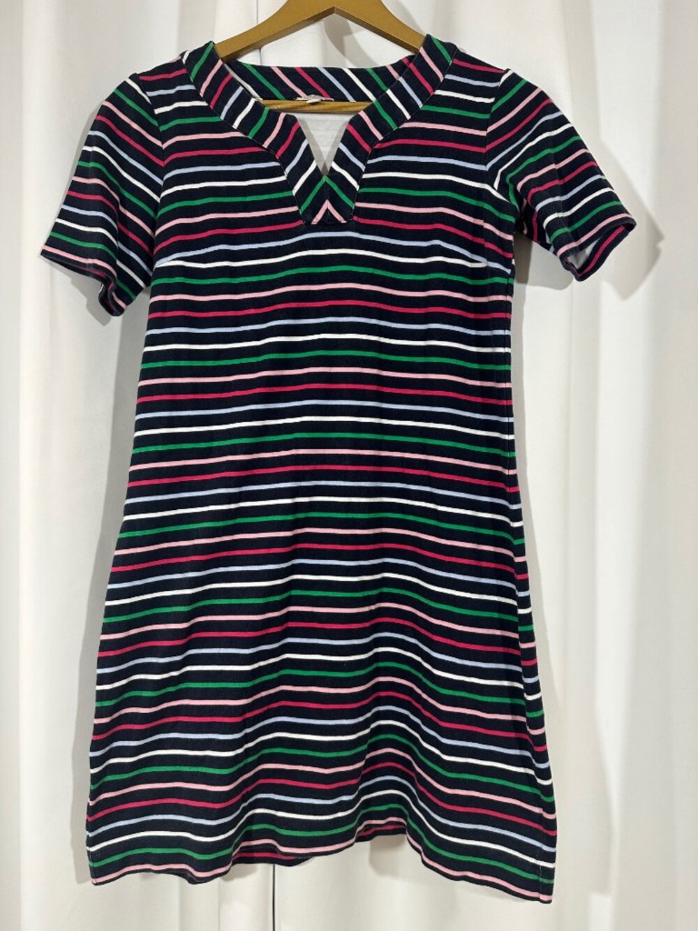 Talbots Petite Small Striped Cotton Dress Navy Pink Green Short Sleeve